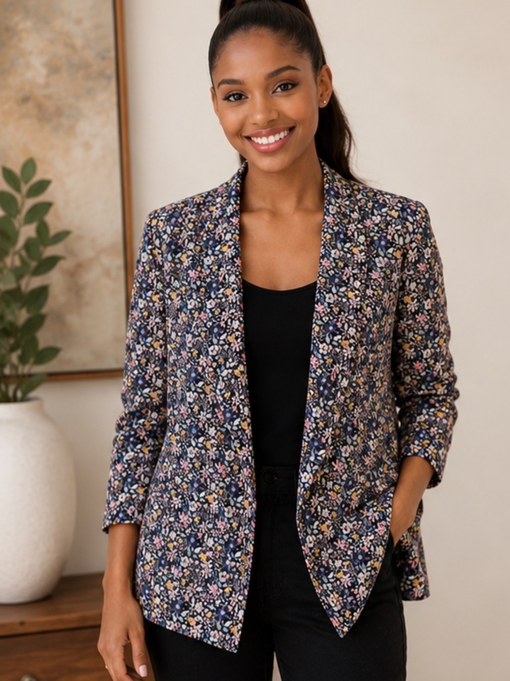 Molly Bracken Navy Floral Open Blazer